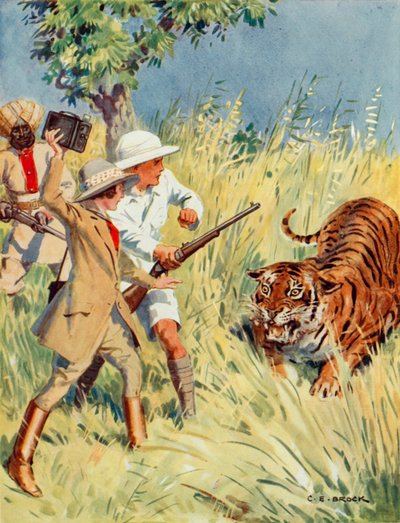 Tijgerjacht in India, scène uit De Andere Tijger (kleur litho) door Charles Edmund Brock