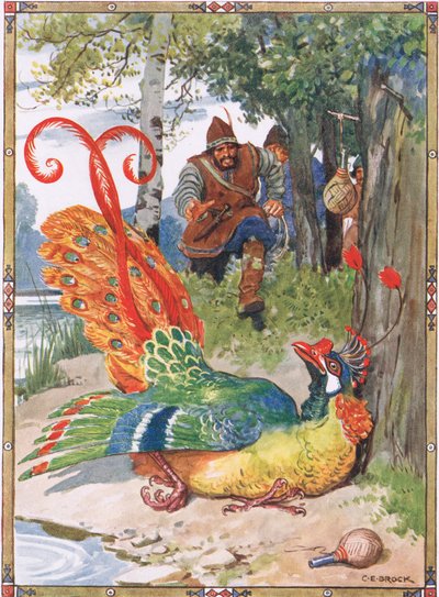 Toen hij probeerde te vliegen, vond hij zijn vleugels te zwaar, scène uit De ridder van de bloemen in Kinderverhalen uit Roemeense legenden door Moses Gaster (1856-1939) 1921 door Charles Edmund Brock