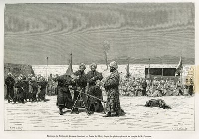 Oefeningen met het manipuleren van Taifourchi-bulwarkgeweren, troepen bewapend en getraind door het Chinese leger, tekening door Delort, ter illustratie van de herinneringen van een Engelse ambassade in Kachgar (of Kashi, China) in 1873-74, door de heren C door Charles Edouard Delort