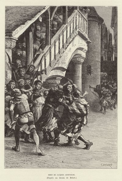 Dood van Jacob van Artevelde, Vlaamse koopman en politiek leider, door een menigte in Gent door Charles Edouard Delort