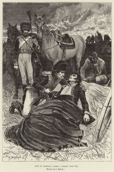 Dood van maarschalk Lannes bij Essling; Napoleon en de stervende maarschalk Lannes bij de Slag bij Aspern-Essling, Oostenrijk door Charles Edouard Delort