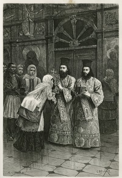 Priesters geven een kus aan de heilige beelden, gravure door Ch.Delort, ter illustratie van Henri Belle