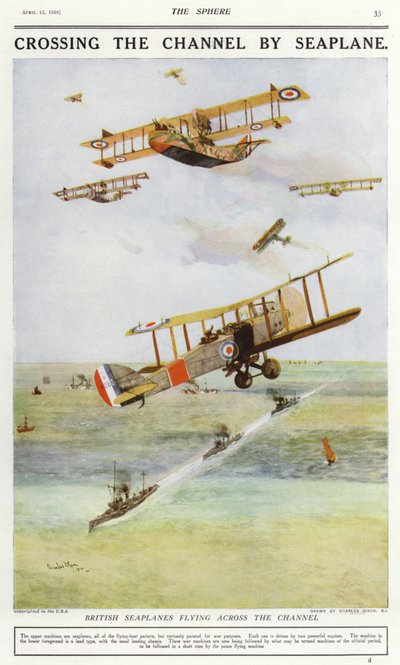 Britse watervliegtuigen vliegen over het Kanaal door Charles Edward (after) Dixon