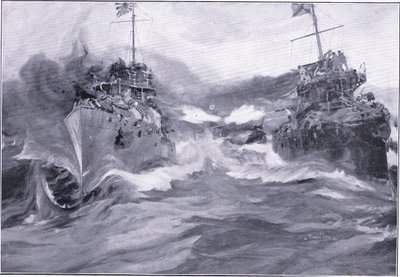 Een gevecht tussen vernietigers, illustratie uit Cassells History of the Russo-Japanese War Vol 1, ca. 1900 door Charles Edward Dixon