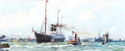 Stoomschip en sleepboot door Charles Edward Dixon