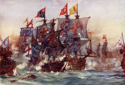 Het laatste gevecht van de Revenge, bij Flores, op de Azoren, 1591 door Charles Edward Dixon