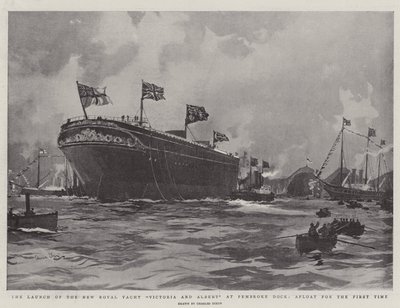 De Lancering van het Nieuwe Koninklijke Jacht Victoria en Albert bij Pembroke Dock, voor het Eerst te Water door Charles Edward Dixon