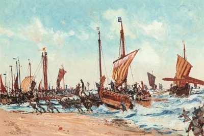 De Landing van Willem de Veroveraar bij Hastings, op 28 September 1066 door Charles Edward Dixon