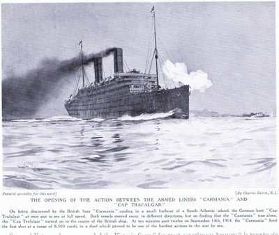 De openingsactie tussen de bewapende lijnschepen Carmania en Cap Trafalgar, Zuid-Atlantische Oceaan, september 1915 door Charles Edward Dixon