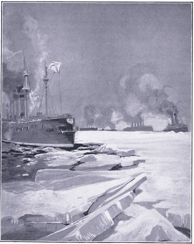 Vladivostok-eskader dat zich door het ijs uit de haven van Vladivostok forceert, illustratie uit Cassells History of the Russo-Japanese War Vol 1, ca. 1900 door Charles Edward Dixon