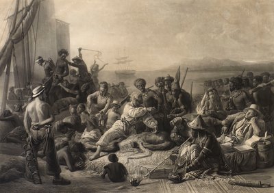 Scène aan de kust van Afrika: slaven en slavendrijvers wachten op transport naar het buitenland door Charles Edward Wagstaff
