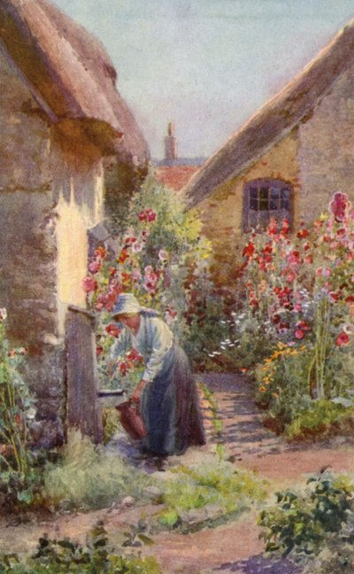 Stokrozen in een cottage-tuin door Charles Edwin Flower