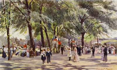 Londense Zoo: Brede Wandelweg, met Olifanten (kleur litho) door Charles Edwin Flower