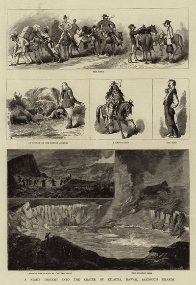 Een nachtelijke afdaling in de krater van Kilauea, Hawaï, Sandwich-eilanden door Charles Edwin Fripp