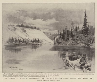Op zoek naar rijkdom, goudzoekers op de Hootalinqua-rivier op weg naar Klondyke door Charles Edwin Fripp