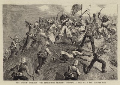 De Afghaanse Campagne, het Negenenvijftigste Regiment bestormt een Heuvel nabij de Sebundi Pas door Charles Edwin Fripp