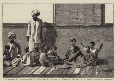 De hongersnood in Kasjmir, wezen leren naaien voor de bungalow van dominee T.R. Wade, Srinuggur door Charles Edwin Fripp