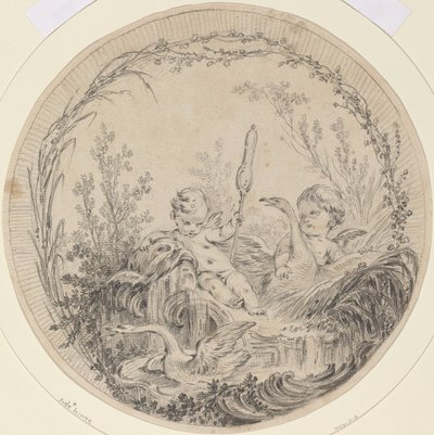 Twee putti spelen met zwanen door Charles Eisen