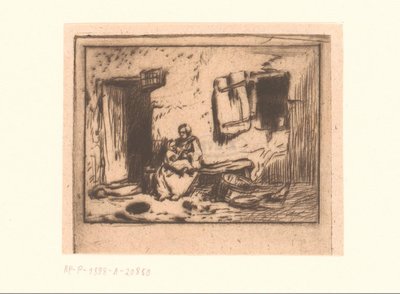 Vrouw met kind op een bank tegen een gevel door Charles Emile Jacque (attributed to)
