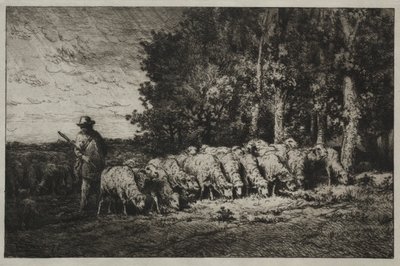 Een kudde aan de rand van een bos door Charles Emile Jacque
