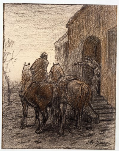 Boer met twee paarden en vrouw die de weg wijst door Charles Emile Jacque
