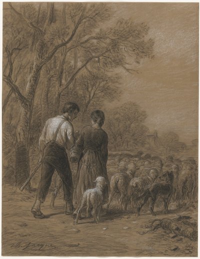 De schapen binnenbrengen door Charles Emile Jacque