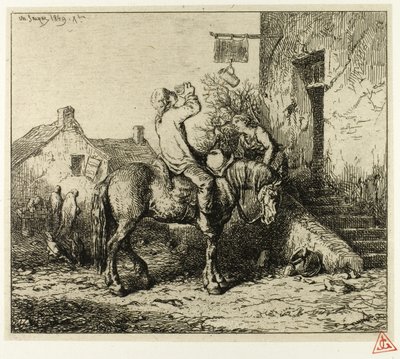 Ingang van een herberg, met drinkende boer door Charles Emile Jacque