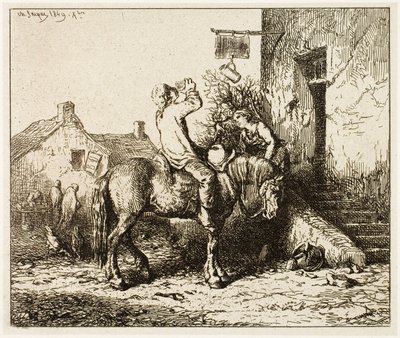 Ingang van een herberg, met drinkende boer door Charles Emile Jacque