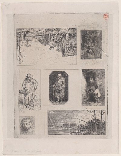 Boerenerf Landschap a, Zittende Boer b, Bedelaar c, Bedelaar d, Kleine Bedelaar e, Hea..., 1844 door Charles Emile Jacque