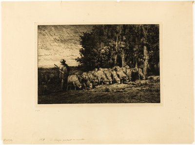 Kudde schapen aan de rand van een bos door Charles Emile Jacque