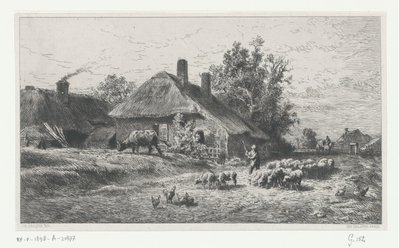 Herder met kudde op een weg langs een boerderij door Charles Emile Jacque