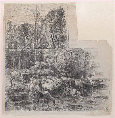 Herder en Vee bij een Voorde, ca. 1850 door Charles Emile Jacque