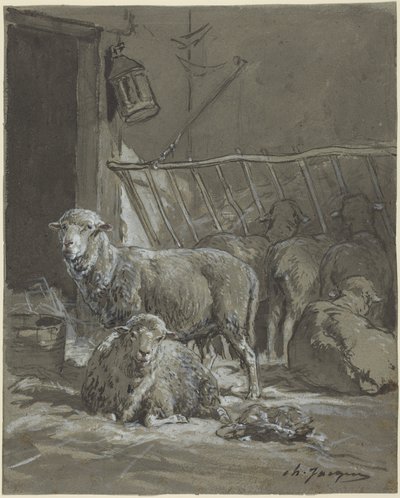 Schapen in een voerbak door Charles Emile Jacque