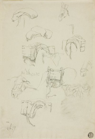 Blad met schetsen: Details van een ezel en toebehoren door Charles Emile Jacque