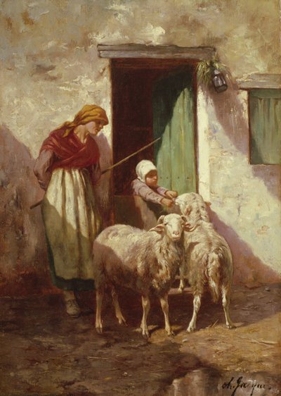 Herderin met een Kind en Twee Schapen door Charles Emile Jacque