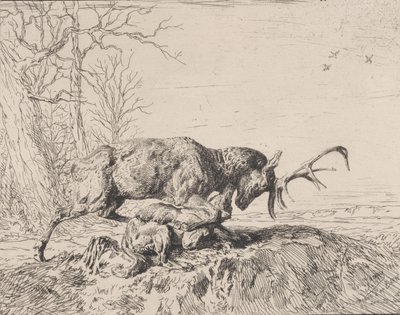 Hert vecht met een Wolf, naar Antoine Louis Barye door Charles Emile Jacque