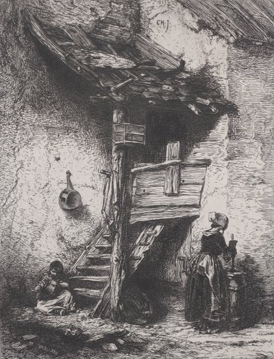 Trappen en vrouw die karnen door Charles Emile Jacque