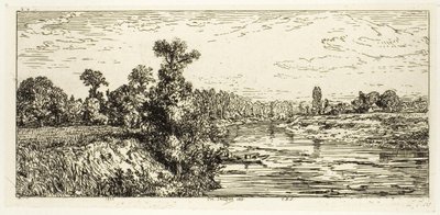 Het eiland Aligre, met twee boten door Charles Emile Jacque