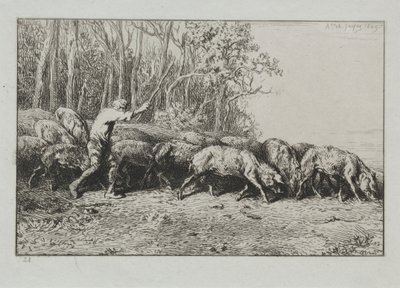 Kudde varkens die uit een bos komen door Charles Emile Jacque