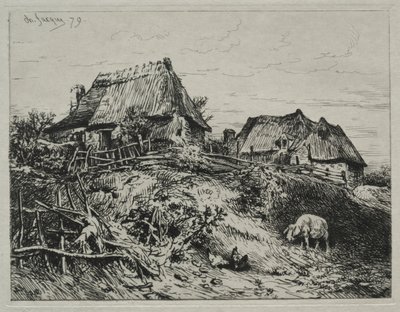 Twee Huisjes op een Oever door Charles Emile Jacque