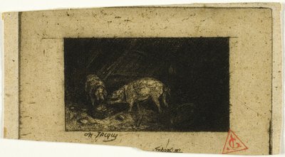 Twee varkens eten uit een trog door Charles Emile Jacque
