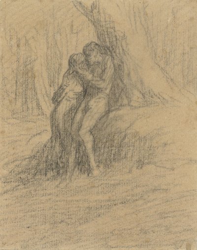 Vrijend boerenpaar onder een zware boom door Charles Emile Jacque