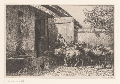 Vrouw die schapen naar de stal leidt door Charles Emile Jacque