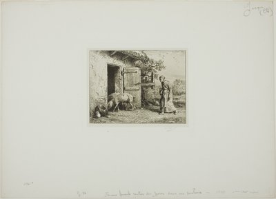 Vrouw die haar Varkens Thuisbrengt door Charles Emile Jacque