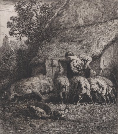 Vrouw die Varkens Voert, 1850 door Charles Emile Jacque