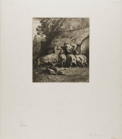 Vrouw voedt zes varkens door Charles Emile Jacque