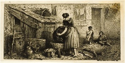 Vrouw die potten wast, met kinderen door Charles Emile Jacque