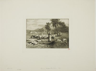 Vrouw die een kudde varkens bewaakt door Charles Emile Jacque