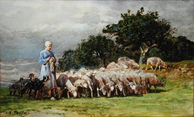 Een Herderin met een Kudde Schapen door Charles Emile Jacques