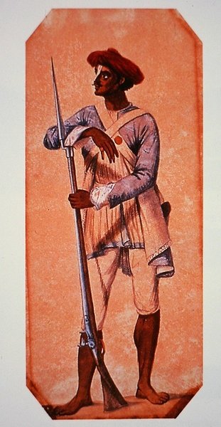 Soldaat van Tipu Sultan, Sultan van Mysore, gewapend met een vuursteenmusket door Charles Emilius (after) Gold